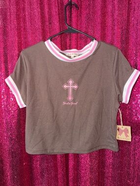 Ruby & Lace Brown Crop Tee with Pink Trim and Cross Detail